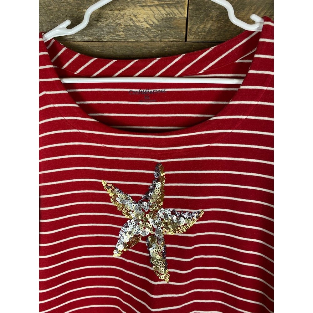 Croft & Barrow Women's XL Red White Striped Top Sequin Starfish - Picture 3 of 13